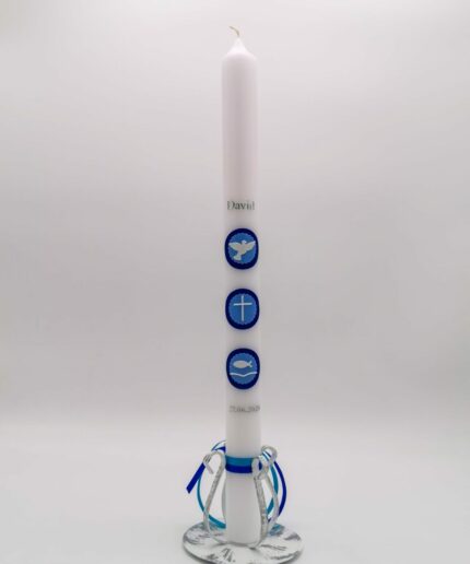 Taufkerze 3 Symbole blau