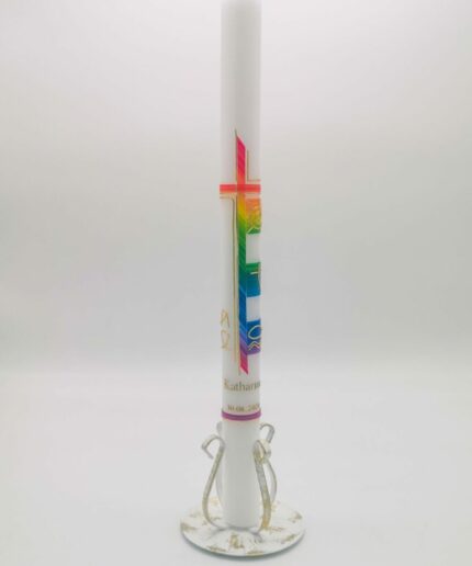 Taufkerze Regenbogen 3 Symbole