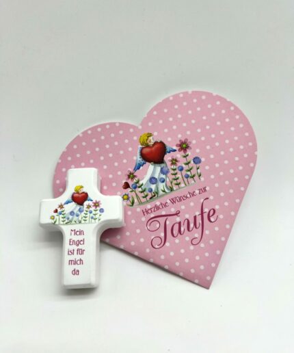 Taufgeschenk - Geschenkset mit Holzkreuz rosa