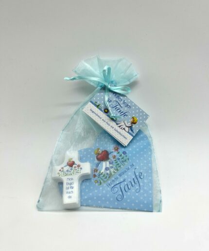Taufgeschenk - Geschenkset mit Holzkreuz blau